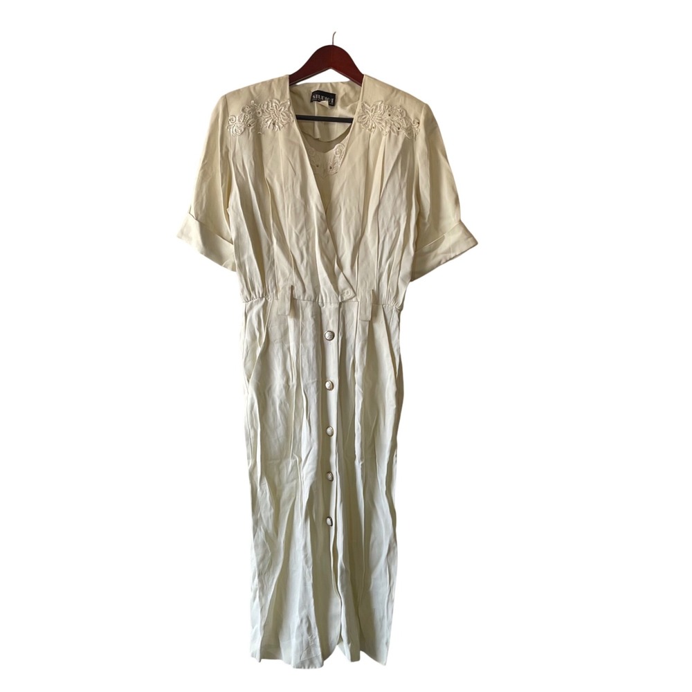 Studio I Vintage Cream Embroidered Dress Buttons Midi Career Power boss chic‎ 8